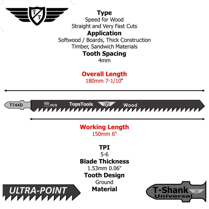 TopsTools 5 x TopsTools JSTT744D T744D 180mm Jigsaw Blades Designed for Long Clean Straight and Fast Cuts in Wood - Image 3